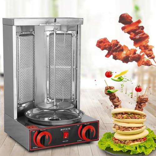 FANYING Máquina para Asar shawarma a Gas Plateada Máquina para Hacer Kebab y Doner Cocina para shawarma Asador de Carne Turco para gyro con 2 quemadores y Bandeja recolectora de Carne