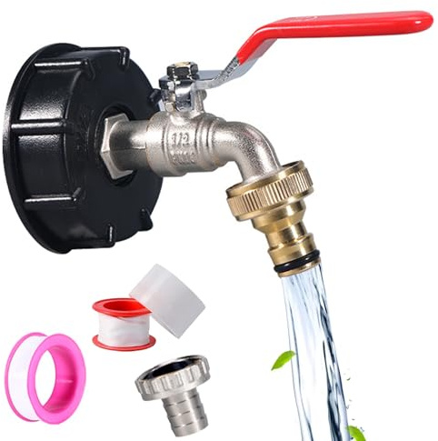 SANTUO 1/2 Inch Brass IBC Tank Fittings Kit | S60x6 IBC Tank Adapter, with Brass Tap, Faucet, Tape, Leakproof, for IBC Tanks, Garden Hose, Easy Fit, Nickel-plated Brass