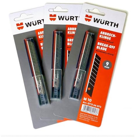 Würth 3er Pack 10x 9mm Abbrechklinge extrem scharf für Cuttermesser 071566073 Universalmesser Teppichmesser