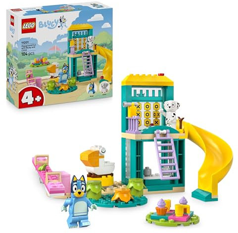 LEGO Bluey Playground Fun with Bluey and Chloe - Toy for 4+ Year Old Girls & Boys - incl. 2 Minifigures, a Functional Pink See-Saw, Slide, Climbing Frame & 3 Plants - Gift for TV Show Fans - 11201