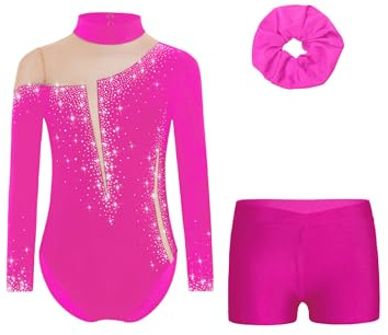 Manyakai Maillot Leotardo de Gimnasia para Niña de Manga Larga de Colorido Brillante con Pantalón Corto de Deporte Traje de Gimnasia Rítmica Disfraz de Bailarina 5-16 Años Rosa intenso A 9-10 años