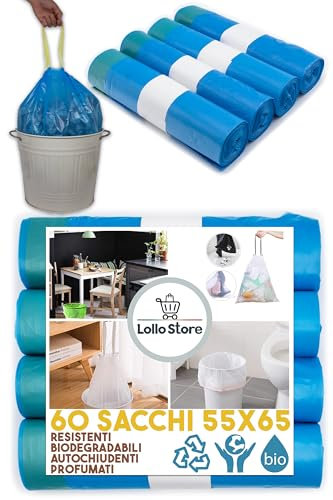 Lot de 60 sacs poubelle 55 x 65 cm bleu, parfum talc, 40 litres anti-odeurs avec poignées tire et fermer, pour collecte différenciée, en haute densité en polyéthylène