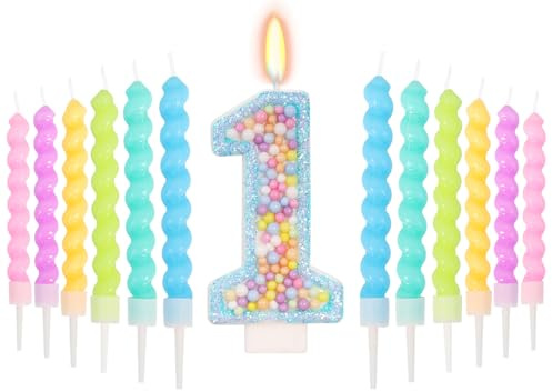 FamGift Sweet Macaron Number 1 Birthday Candle with 12 Pcs Spiral Candles