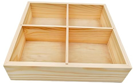 Anktily Quadratische Holz-Aufbewahrungsbox, unbehandelt, 4 Fächer, Aufbewahrungsbox, Organizer für Socken, Unterwäsche, Holztablett für Schmuck, Sammlerstücke