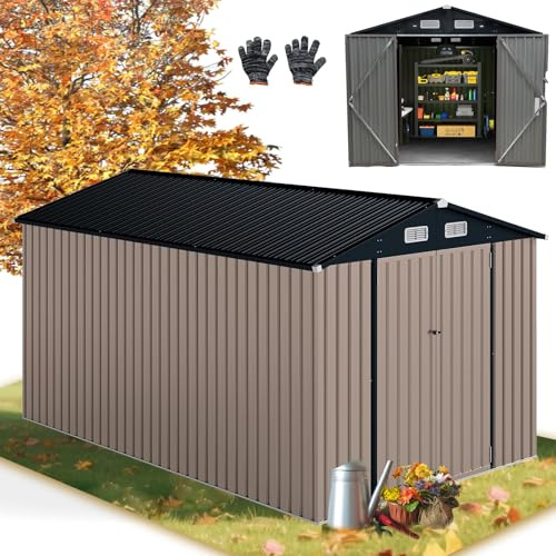 RELAX4LIFE Casetta da Giardino 350 x 223 x 197 cm,con Tetto Inclinato e Porta Doppia, con 4 Finestre Traspiranti, Magazzinaggio Attrezzi