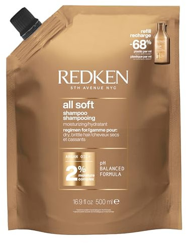 Redken Hårschampo för torrt och sprött hår, återupplivat och hydrerat, med omega-6 och arganolja, allt mjukt schampo, 1 x 500 ml påfyllningspaket