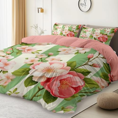 Housse De Couette Nordique Fleurs De Pommier Sauvage Ensemble De Couette en Couette De Couette en Microfibre Réversible 3 Pièces Fermeture Éclair + 2 Taie d'oreiller Rose Vert 240 Cm X 260 Cm