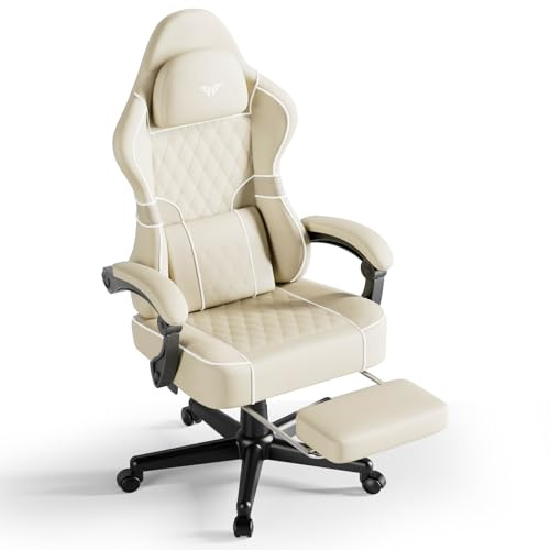 Huracan Gaming Stuhl mit massagefunktion, Gamer Stuhl, Gaming Chair Verstellbarer und Drehbarer Schreibtischstuhl, Ergonomischer PC-Stuhl mit Fußstütze, PU-Leder Gaming Sessel, Beige
