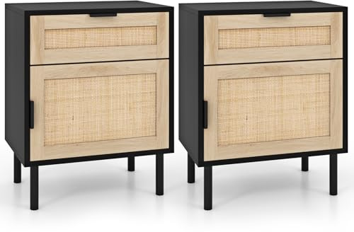 RELAX4LIFE Nachttisch 2er Set, Nachtschrank mit Schublade und Schrank, Beistelltisch mit Rattan-Design, Nachtkommode 45 × 30 × 59 cm, Sofatisch für Wohnzimmer, Schlafzimmer (Schwarz + Natur)