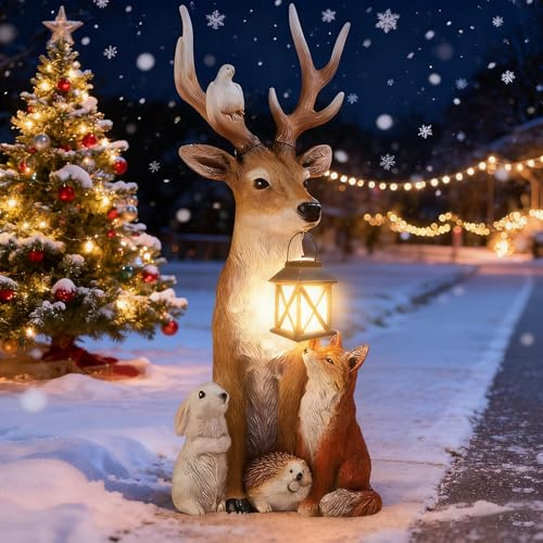 Shengruili Hirsch Deko mit LED Laterne,Weihnachtsdeko Aussen Figuren,Gartendeko Figuren Elch,Gartenfiguren&Gartenstatuen,Gartenfigur für Außen,LED Hirsch Tierskulptur
