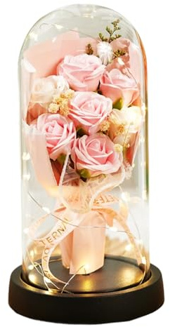 Joalpysm Glass Dome Eternal Rose Lamp with Warm LED Glow, Romantic Light Up Ornaments with 7 Pink Roses for Home Decor, Forever Flowers Gifts for Valentine's Day and Mother's Day