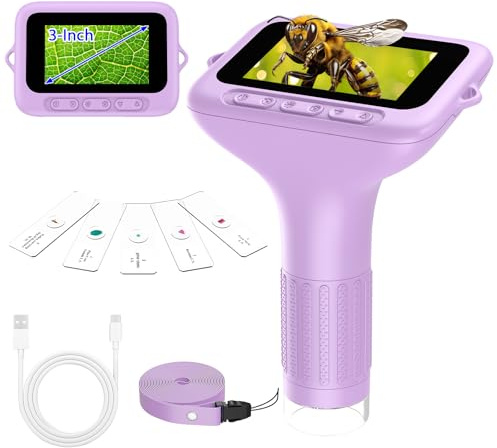 Digital Handheld Microscope for Kids: 3.0 Large HD Screen 32GB 1000X Portable Mini Microscopes with Camera Video Recording Slides Kit Science Educational Boys Girls Toy Gifts Purple