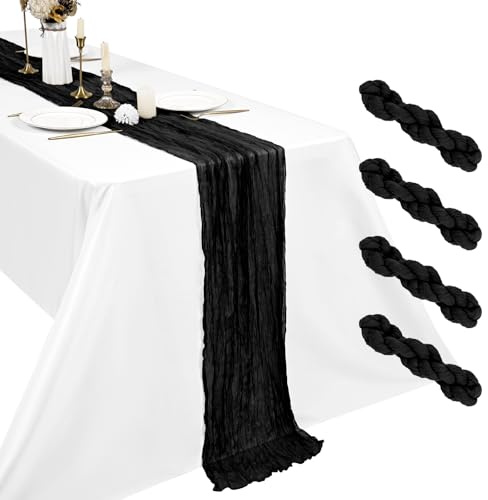 4 Stück Käsetuch Tischläufer Schwarz 45 x 275 cm, Boho Gaze Tischdeko für Hochzeit, Brautparty, Baby Shower und Geburtstag