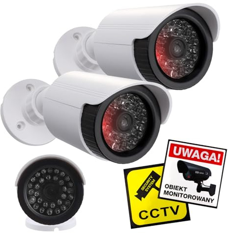 Dummy Telecamera di Sicurezza 2 Pezzi - Telecamere tubolari Bianche con LED Lampeggiante IP44 Resistente alle intemperie, Include Adesivi di Avvertimento, per Interni ed Esterni