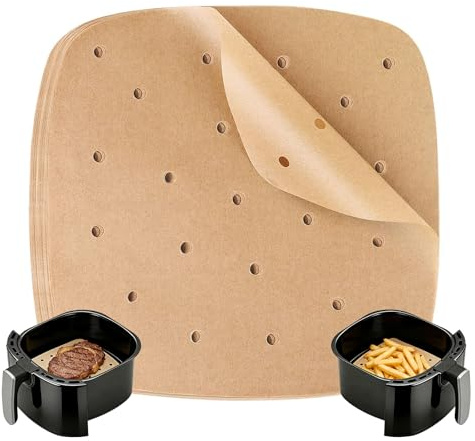 HAGOT 100pcs Papel Pergamino Perforado, Antiadherente Impermeable Horno, Papel Air Fryer Cuadrado para Envolver Alimentos, Cheeseburgers, Barbacoa (21.5 x 21.5 cm)