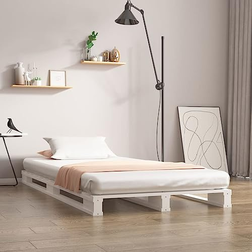 PUGYNBK Palettenbett Weiß 90x200 cm Massivholz Kiefer Bettgestell mit Lattenrost für Guten Schlafkomfort und stabilem Holzrahmen