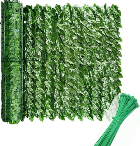 AURACASA Siepe Artificiale da Esterno e Interno, Siepe Artificiale da Esterno, Edera Finta Artificiale, Frangivista Balcone e Giardino, 50 Fascetti Verdi Inclusi (FOGLIE DI LAURO, 1x6 Mt)