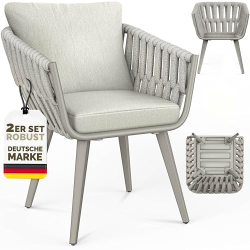 tillvex® Gartenstuhl 2er Set Wetterfest mit Armlehne & Kissen bis 160kg | Gartenstühle UV-beständig | Terrassenstuhl + Sitz- & Rückenpolster | Outdoor Stühle Sessel Gartenmöbel Terrasse Balkon Garten