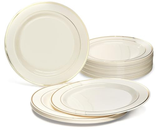  OCCASIONS  40 Plates Pack, Heavyweight Disposable Wedding Party Plastic Plates (9'' Luncheon Plate, Ivory & Gold Rim)