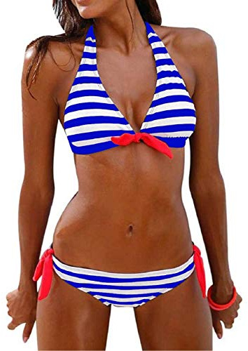 Voqeen Costumi da Bagno Donna Mare Due Pezzi Push Up Bikini Costume da Bagno Halter Capestro Bendare Bandeau Top Sexy Abito da Bagno Spiaggia Estiva Beachwear Swimwear Swimsuit(Blu,XL)