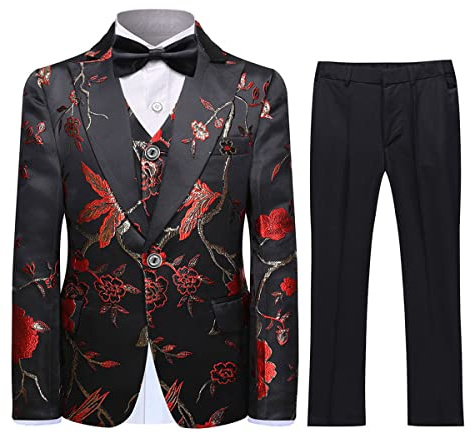 SWOTGdoby Boys Gold Paisley Floral Suit Tuxedo Slim Fit Embroidery 3 Pieces Suit Set Blazer Vest Pants