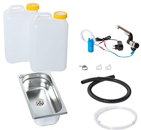 Wasseranlage Imbisswagen Verkaufsanhänger Campingküche 230v Bausatz Spüle 325x176x100 + Wasserhahn Barwig Chrom Wasserkanister 19Liter (ad-ideen)