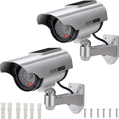 HD4K CAMÉRA de Surveillance FACTICE Extérieure Solaire Appareil-Photo DE Dome DE Television en Circuit Ferme avec LUMIÈRE Clignotante LED 2 Paquet, A Piles