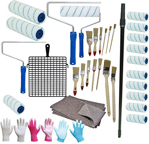 Maler Set Pinsel Farbroller Farbrolle Malerwalze Teleskopstange Abstreifgitter 35 tlg.