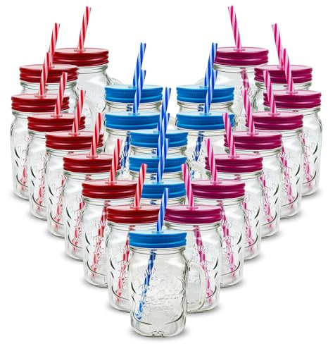 Pack of 24 Mason Jars with Handles, 500 ml Durable Drinking Glasses with Lids, Straws – Perfect for Cold Beverages