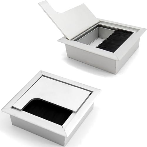 Passacavo per cavi da scrivania con guarnizione a spazzola – 2 scatole per cavi 80 x 80 mm in lega di alluminio per scrivanie/ufficio e piani di lavoro, colore: argento