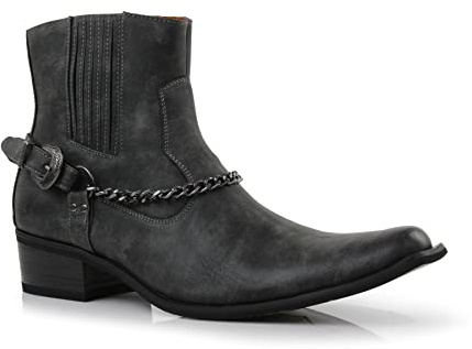 Ferro Aldo Reyes Men's High-Top Western Biker Boot | Snipe Toe Ankle Boot with Side Zipper and Harness Chain | MFA606332 | in Charcoal Grey, Size 9
