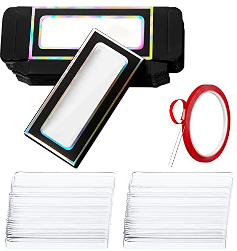 Crtiin 60 Pcs Empty Press on Nails Packaging Box Set 30 Clear Glitter Paper Eyelash Storage Box and 30 Acrylic Nail Display Stand Holder with 1 Red Double Sided Tapes for Salon Home Office