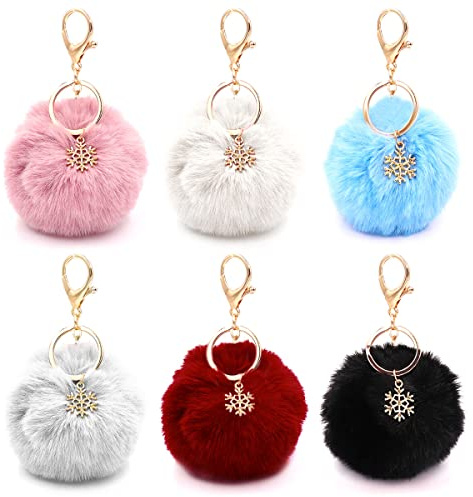 Forreen Pom Pom Schlüsselanhänger, 6 Stück Künstliche Kaninchenfell Keychain Plüsch Elegant Flauschige Farbenfroh Schlüsselringe mit Schneeflocke Anhänger Charms für Mädchen Damen