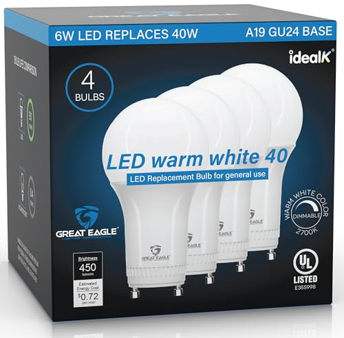 Great Eagle 40 Watt GU24 LED Light Bulb, Dimmable, 2700K Warm White, UL, Twist-in 2 Prong (4-Pack)