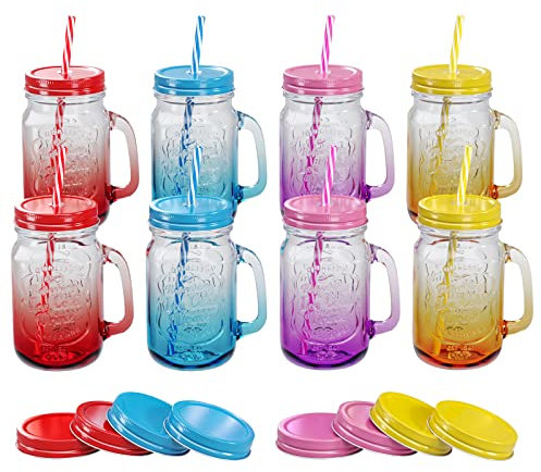 WELLGRO Trinkgläser Set bunt Farbverlauf mit Deckel und Trinkhalm 500ml inkl. Ersatzdeckeln Mehrweg Cocktail Gläser Glasbecher, Stückzahl:8 Stück
