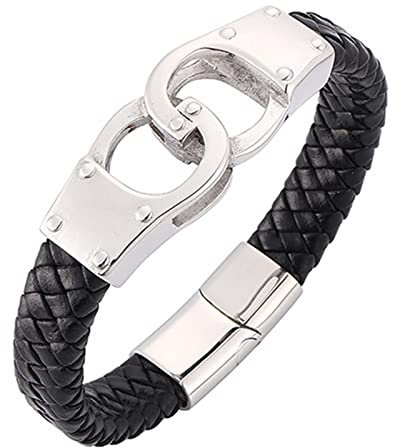 KnSam Bettelarmband, PU Leder Herren Armband Gravur Handschellen Herren Armbänder Leder Edelstahl Handhandgelenk Kette Silber mit Magnet Verschluss, Länge 20.5CM Pärchen Geschenk