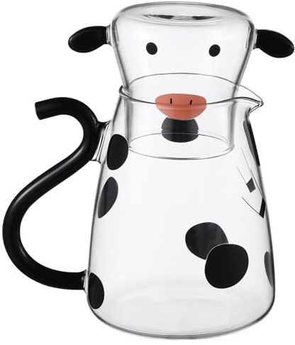 Théière en Verre Dessin Animé Vache 550ml avec Tasse, Micro-ondes