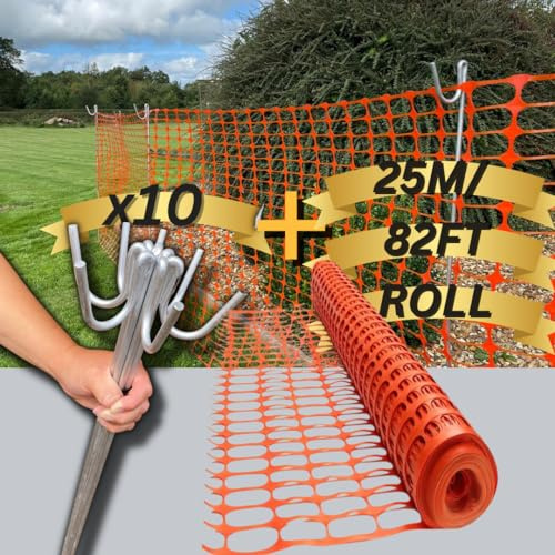 Smith & Barker GALVANISED 10 x Premium Long Life Fencing Pins with 25m Temporary Barrier Fence Mesh 130gsm for Outdoor Garden Plastic Netting Mesh Shepherds Crook Fence Stakes Posts Metal
