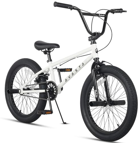 AVASTA 20 Tums Storbarns BMX Cykel Freestyle Cykel för Tonåringar 6 7 8 9 10 11 12 13 14 Åringar Pojkar Flickor Ungdomar med 4 Pinnar, Vit