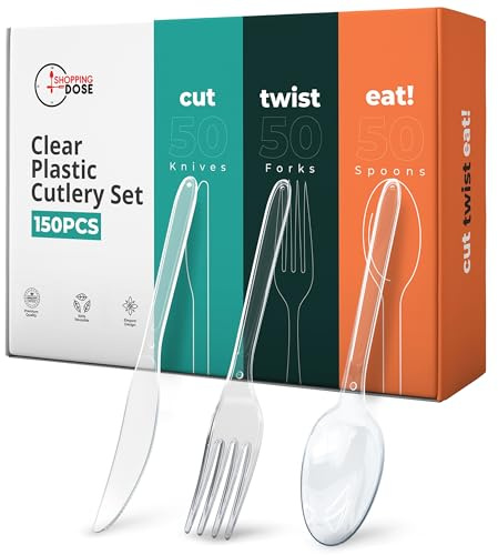 Heavy Duty Reusable Clear Plastic Cutlery Set 50 Spoon,50 Knife & 50 Forks | Plastic Spoons, Knives and Forks Set – Strong, Washable Party Cutlery for Catering, BBQs & Events