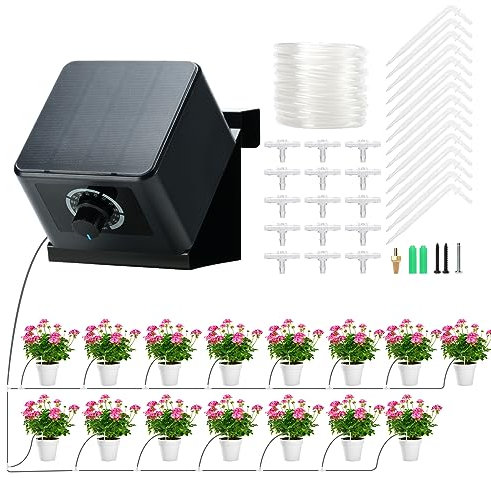 Briidea Solar Bewässerungssystem, Garten Bewässerungssystem, Solarenergie, Mit 30 Fuß (9,14 Meter) Schlauch und Tropfsender*15, Mehrere Zeitmodi, Gießen Sie Ihre Pflanzen Regelmäßig Und Quantitativ