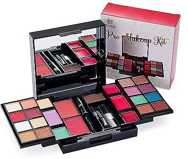 RoseFlower Mini Make-up Set im Travel-Kit, Cosmetics Make-up Lidschatten Palette, 12 Lidschatten, Rouge, Concealer, Lippenfarbe, Augenbrauenstift, Beauty-Case mit Spiegel, ideal für unterwegs