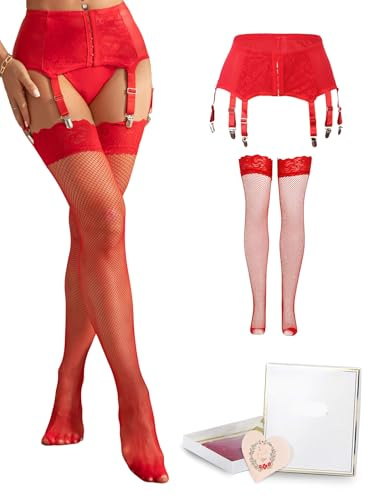 ohyeahlady Liguero Con Medias Rojas Altas Cuero Sintético Talla Grande Liguero Sexy Mujer Rejilla con 6 Clips Ajustables Liga Tirantes Medias Sensuales Calcetines Lencería y Ropa Interior(Rojo,XXL)