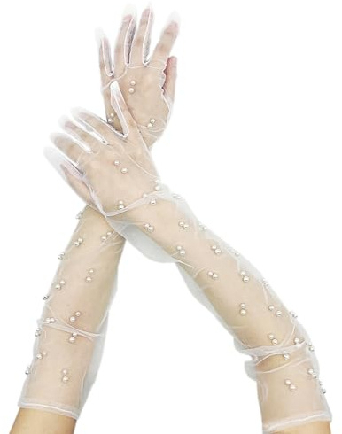 MAXQUU Pearl Gloves - Tulle Lace White Bridal Gloves for Ladies & Brides