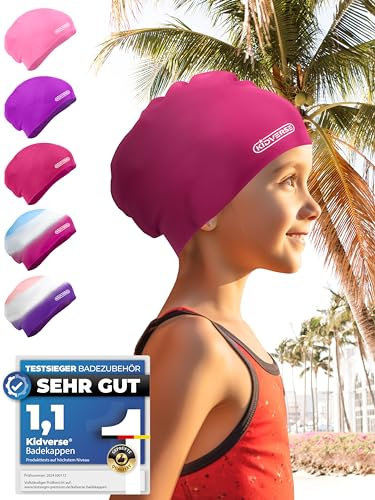 KIDVERSE Badekappe Kinder wasserdicht - Schwimmhaube Kinder mit Anti-Rutsch-Noppen - Badekappen für Schwimmer mit UV Schutz - Schwimmhaube Mädchen - Reißfeste Badehauben in verschiedenen Größen