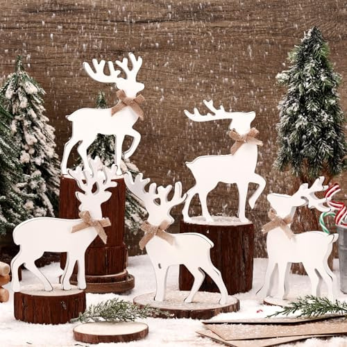 Vercraft 5 Pcs Tabletop Reindeer Christmas Decoration Wooden Rustic Standing Reindeer Decorative White Deer Christmas Decor Vintage Christmas Tiered Tray Decor with Rope Knot for Home Table