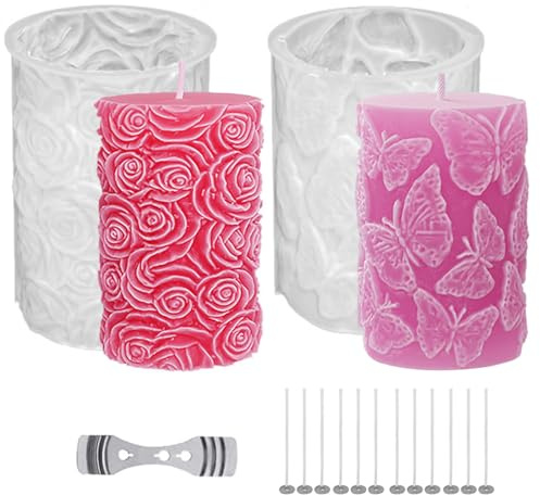 TZFJQO 2 Stück Kerzenform Silikon, Kerzenformen Zum Gießen Set, DIY Silikonform Schmetterlinge, Rosen, Verwendung für Das Gießen Von Heimdekorationen kerzen Silikonformen, Bastel Ornamente