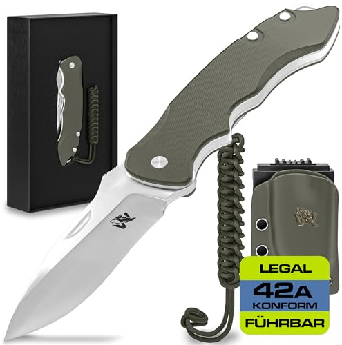 Wolfgangs FEROX Zweihandmesser aus D2 Stahl und Ebenholz-Griff - Legales Klappmesser für Outdoor und Survival - inkl. Leder Holster
