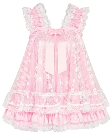 Satini Lencería Satén el marica Babydoll Volantes Volantes Bragas Camisón Negligé Cosplay Ropa de Noche Vestido (Rosa bebé - Blanco, XXL)