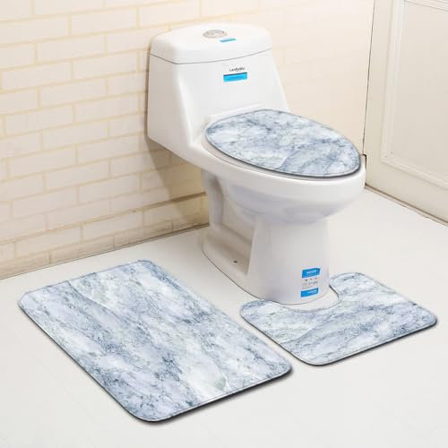 Bad Teppiche Set 3-Teiliges Hellgrau Blau WC Vorleger Mit Ausschnitt Badematte Saugfähig WC Deckelbezug Badvorleger rutschfest Waschbar Toilettensitzbezug Badgarnitur (50x80cm)